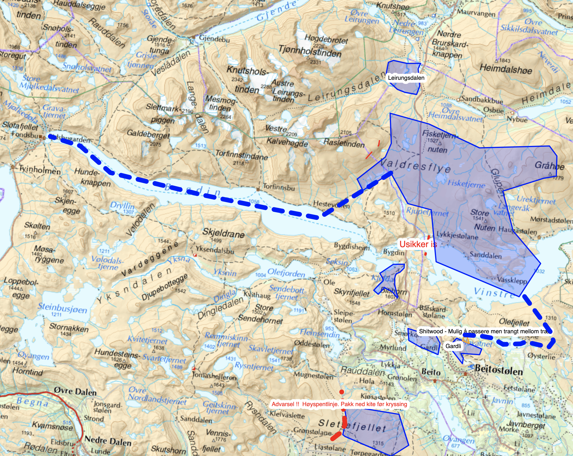 Skjermbilde av trygge områder der man kan gå kite på vinteren