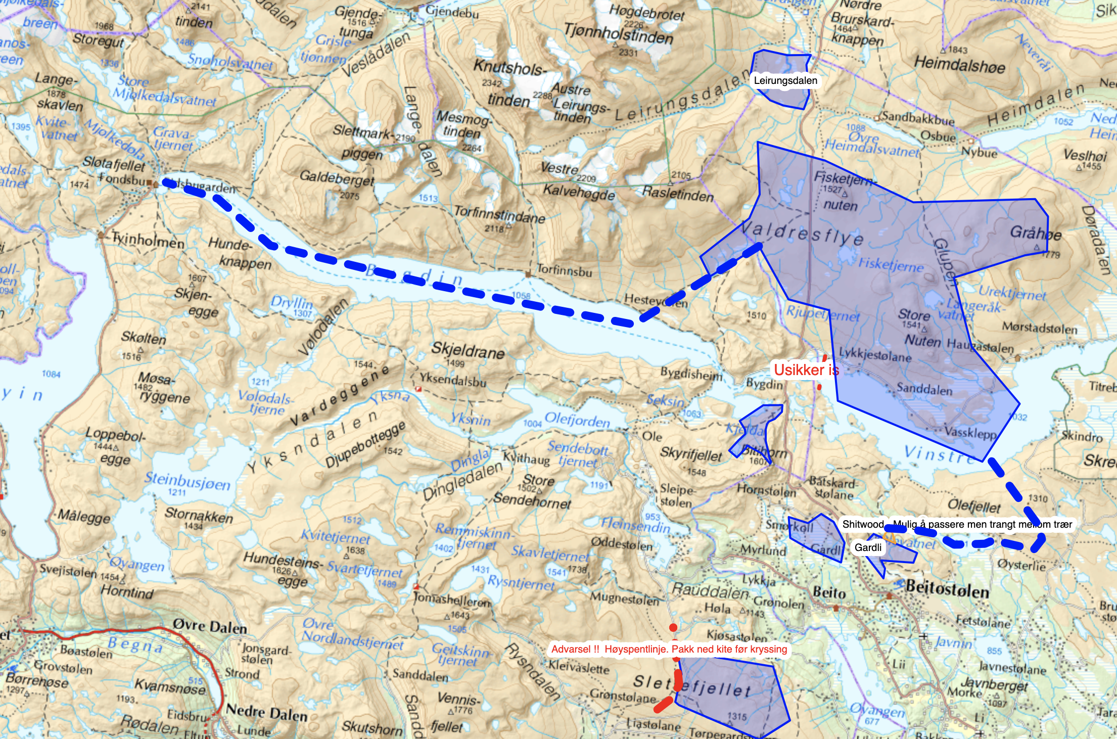 Skjermbilde av de fleste kiteområder i Øystre Slidre