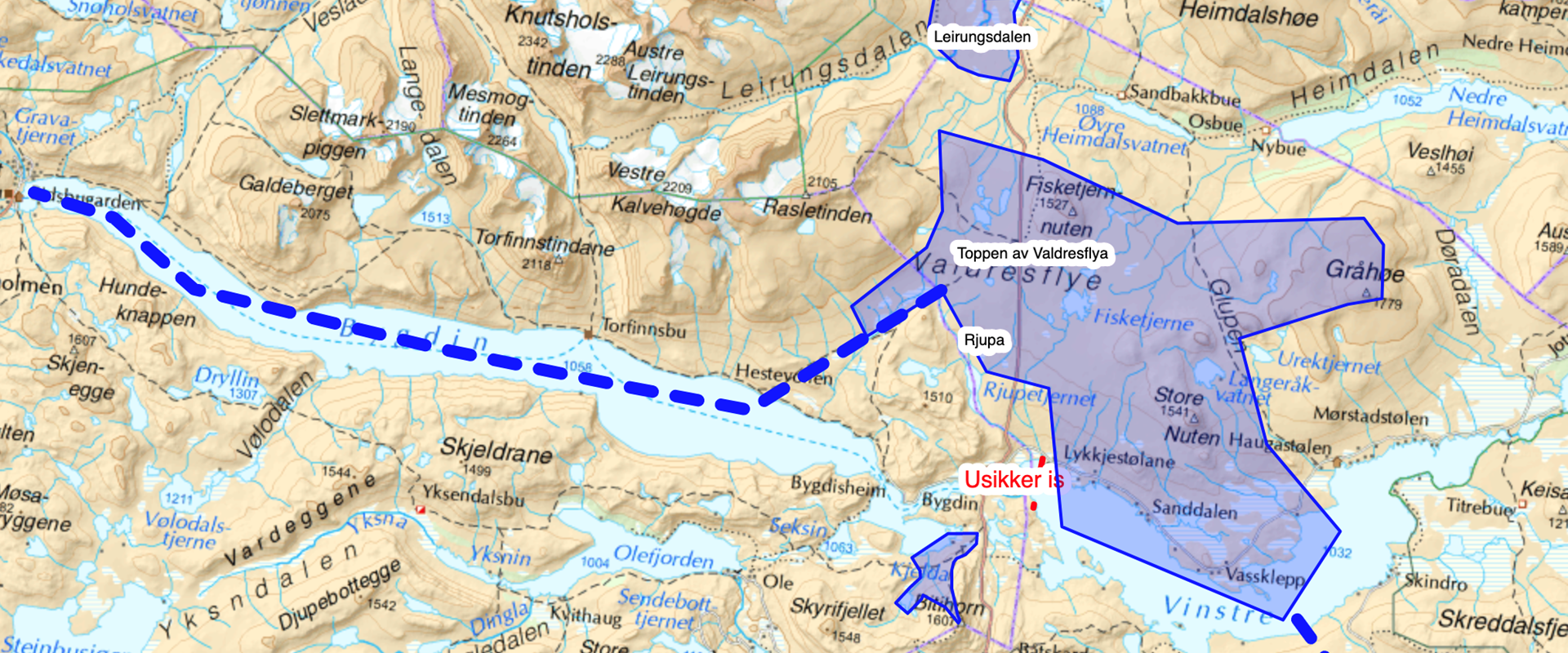 Skjermbilde av områder der man kan gå på kitetur