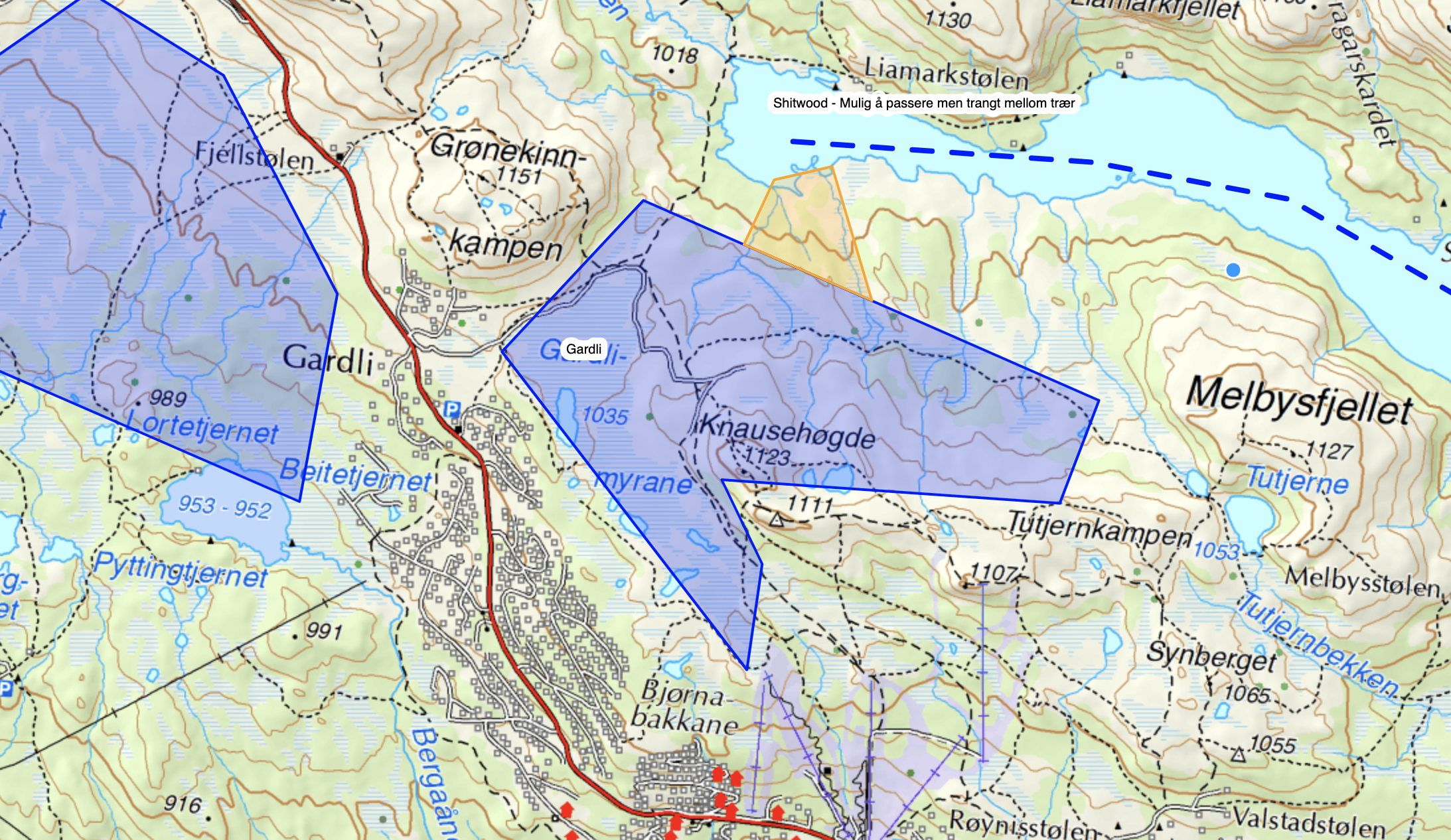 Områder der det kan kites ved Grønekinnkampen og Gardli