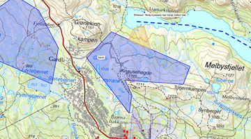 Områder der det kan kites ved Grønekinnkampen og Gardli