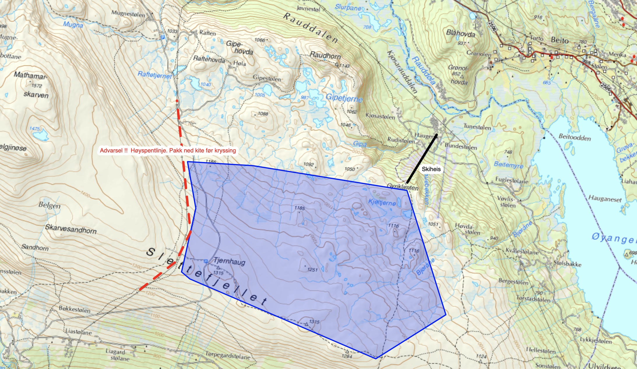 Område ved Slettefjell som kan kites i