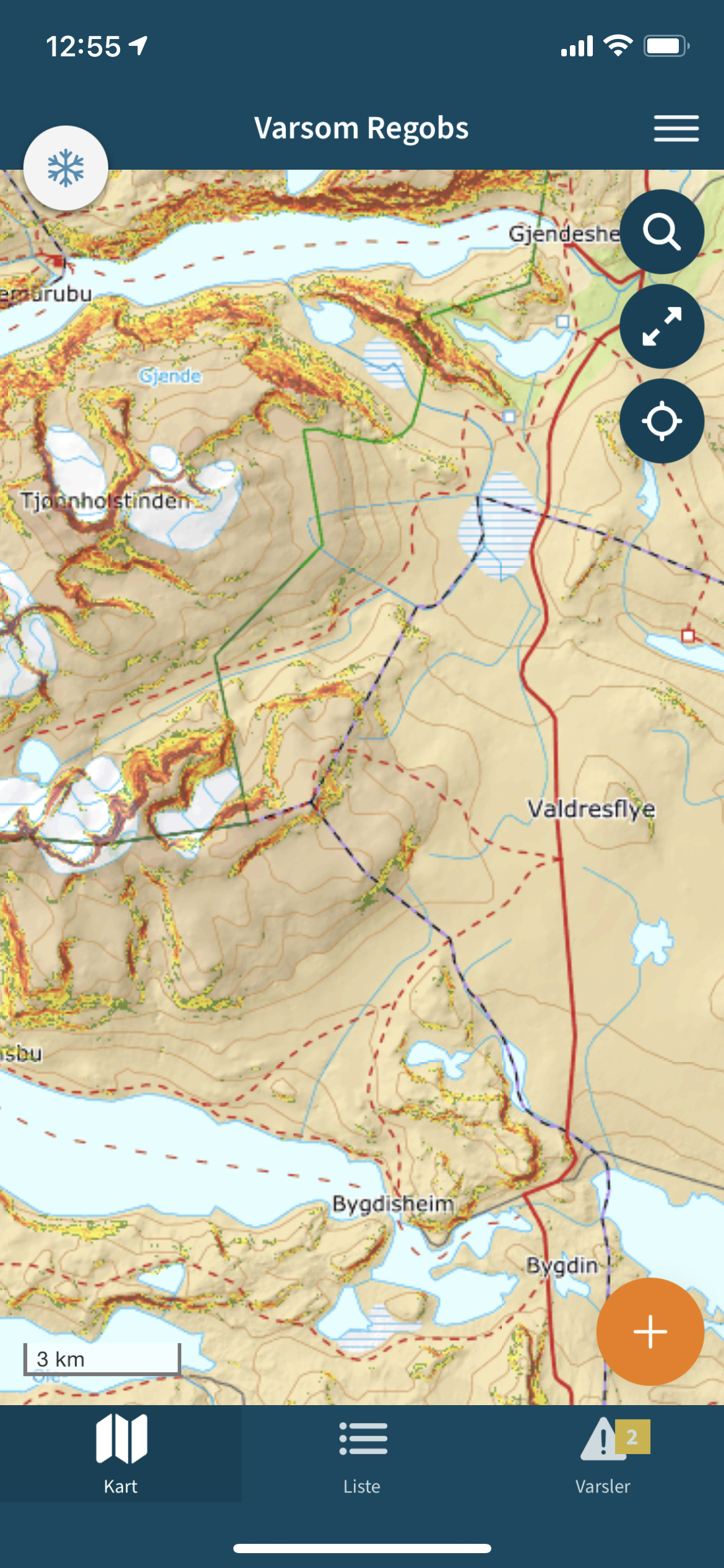 Skjermbilde av Valdresflya på Varsom Regobs