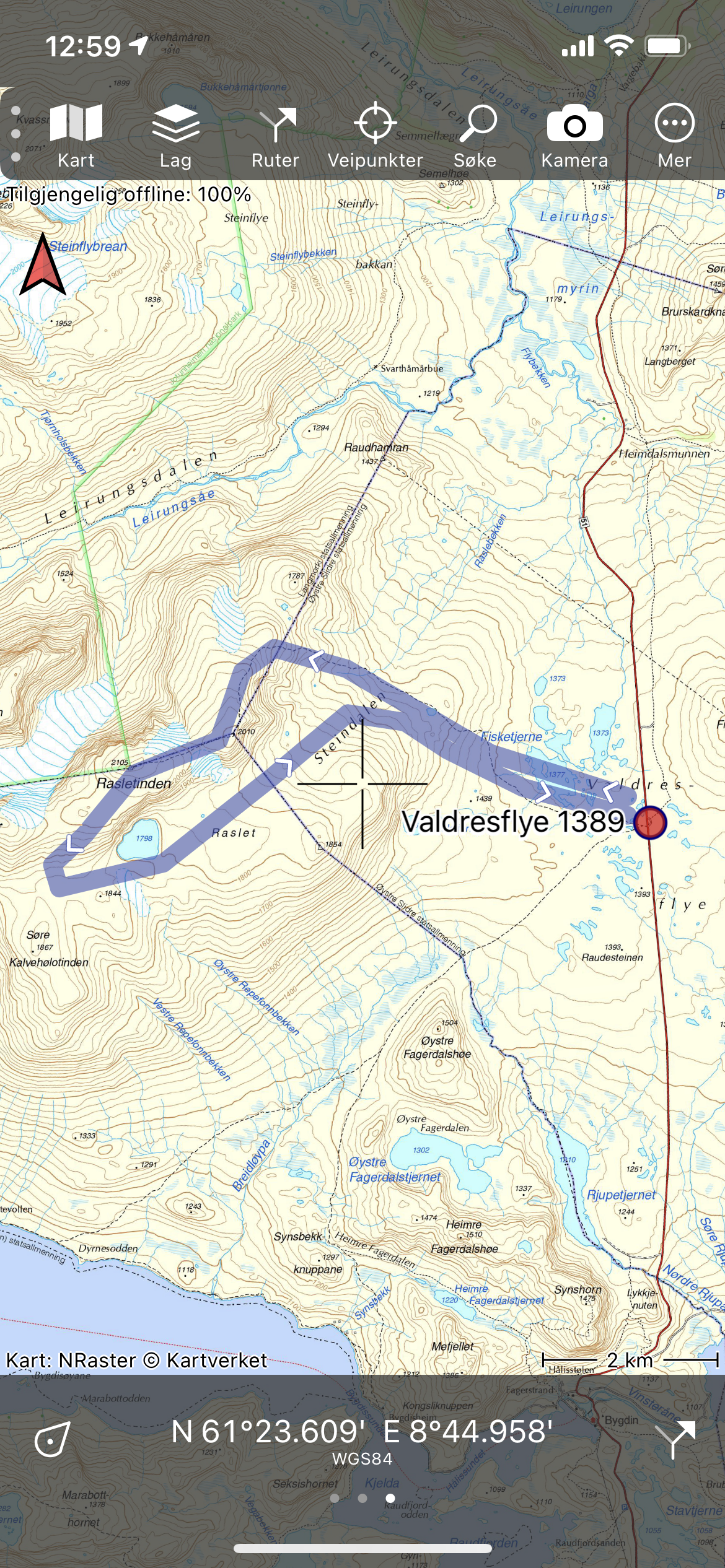 Skjermbilde av TopoGPS som viser en rute på Valdresflya over Rasletinden
