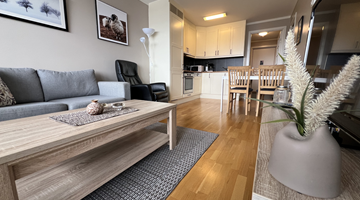 Stølstunet 312, bilde av den moderne og nøytrale stuen, samt kjøkken og spisebord